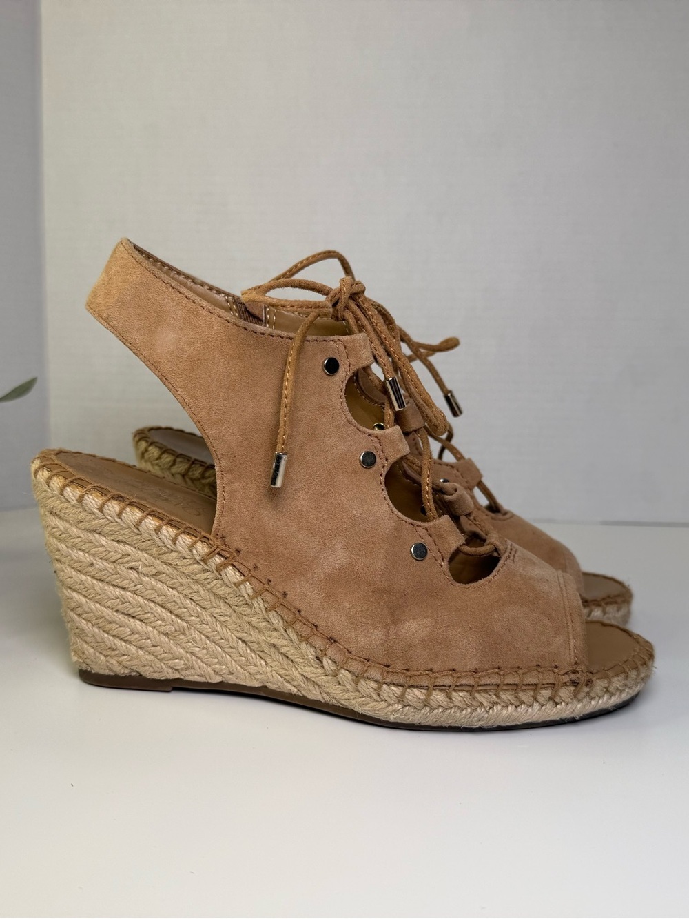 Franco Sarto Women's Tan Suede Lace-Up Peep Toe Espadrille Wedge Sandals Size 7M